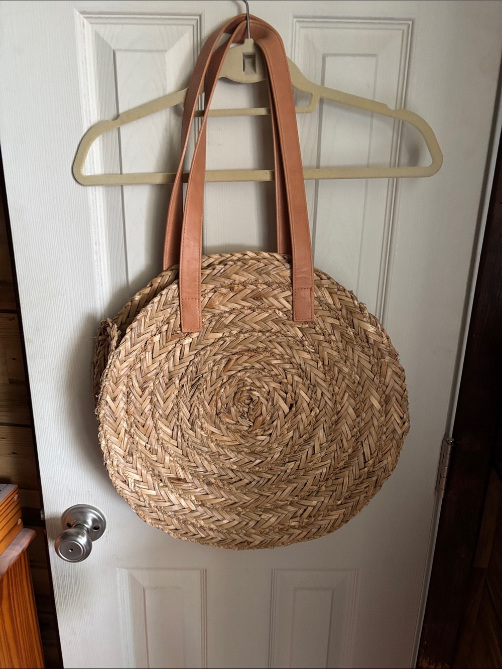 Universal Thread -Woven Round Straw Tote with Tan Leather Handles